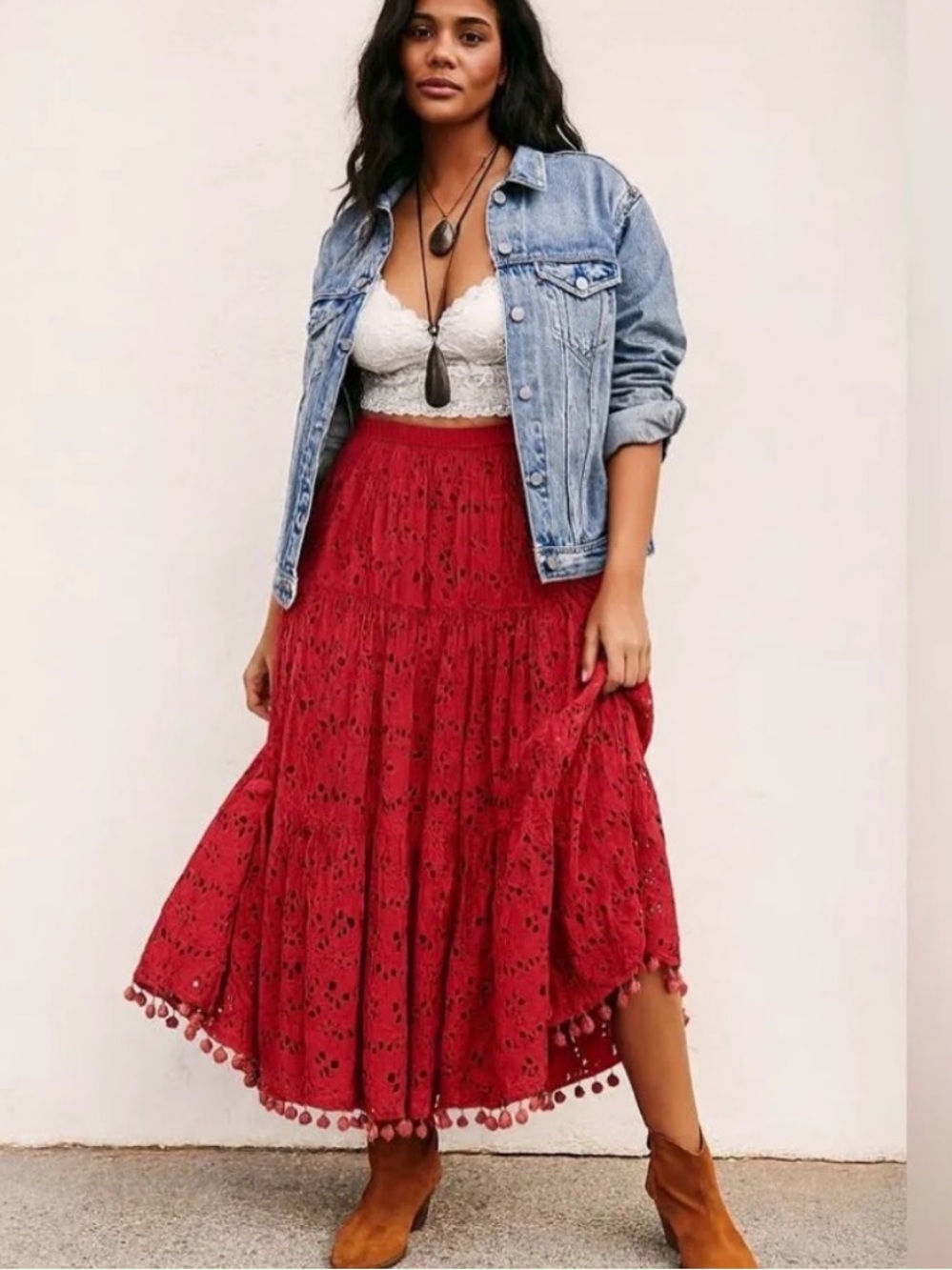 NWOT Soft Surroundings Lucia Eyelet Maxi Skirt with Pom Pom Hem in Cardinal - S